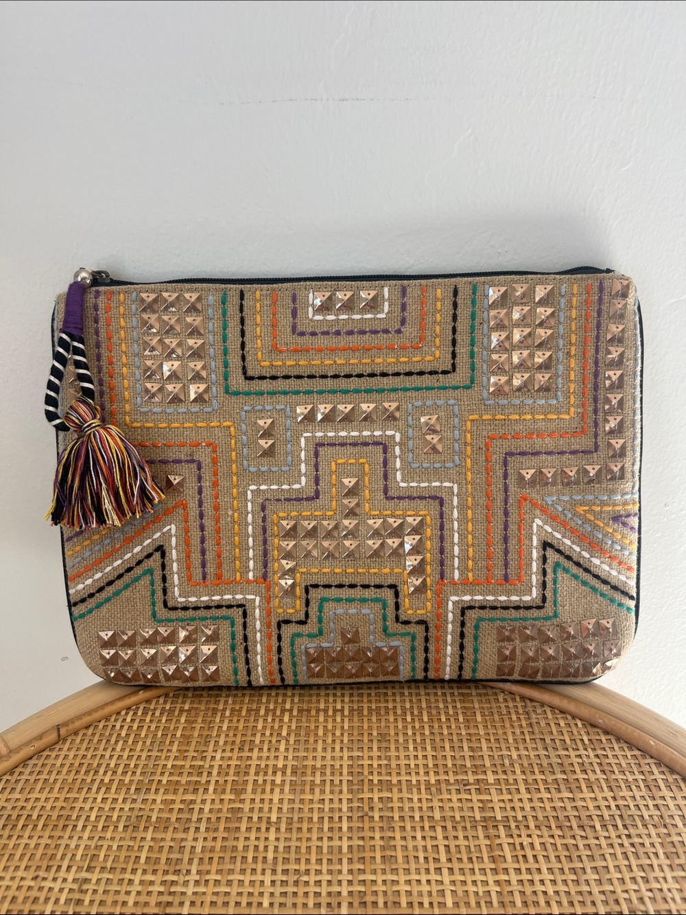 Handcrafted Beaded Tan Geometric Zip Clutch